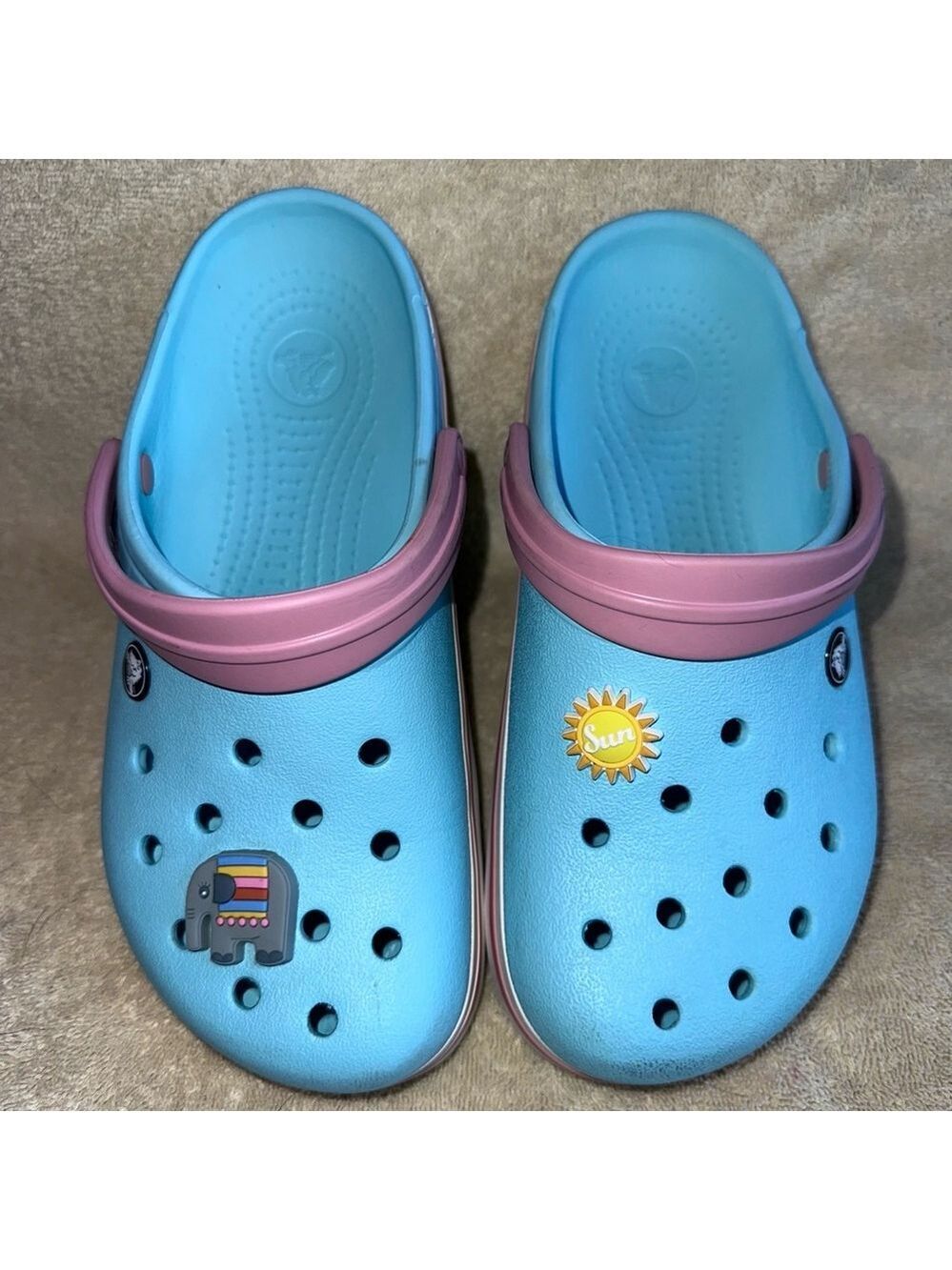 EUC Women’s Size 8 (Men’s 6) Crocs Slide Sandals Light Blue/Pink With 2 Jibbitzs